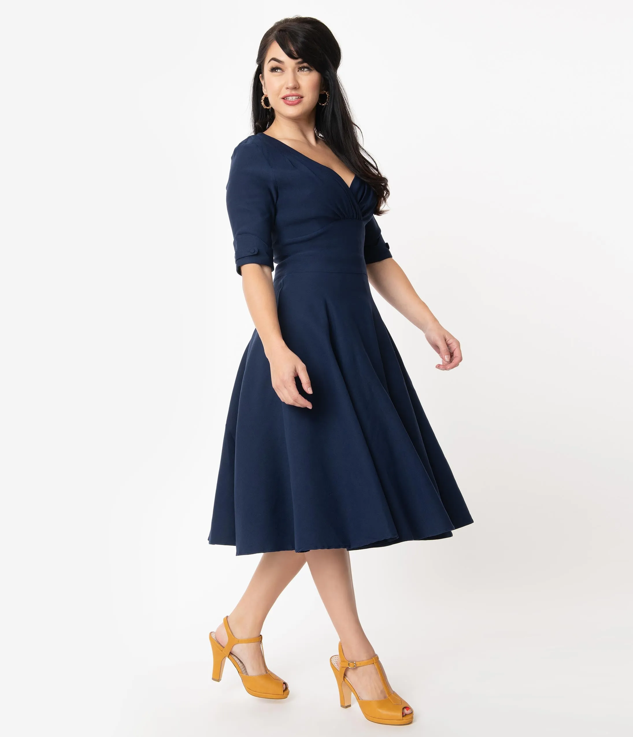 Unique Vintage 1950s Dark Navy Delores Swing Dress with Sleeves
