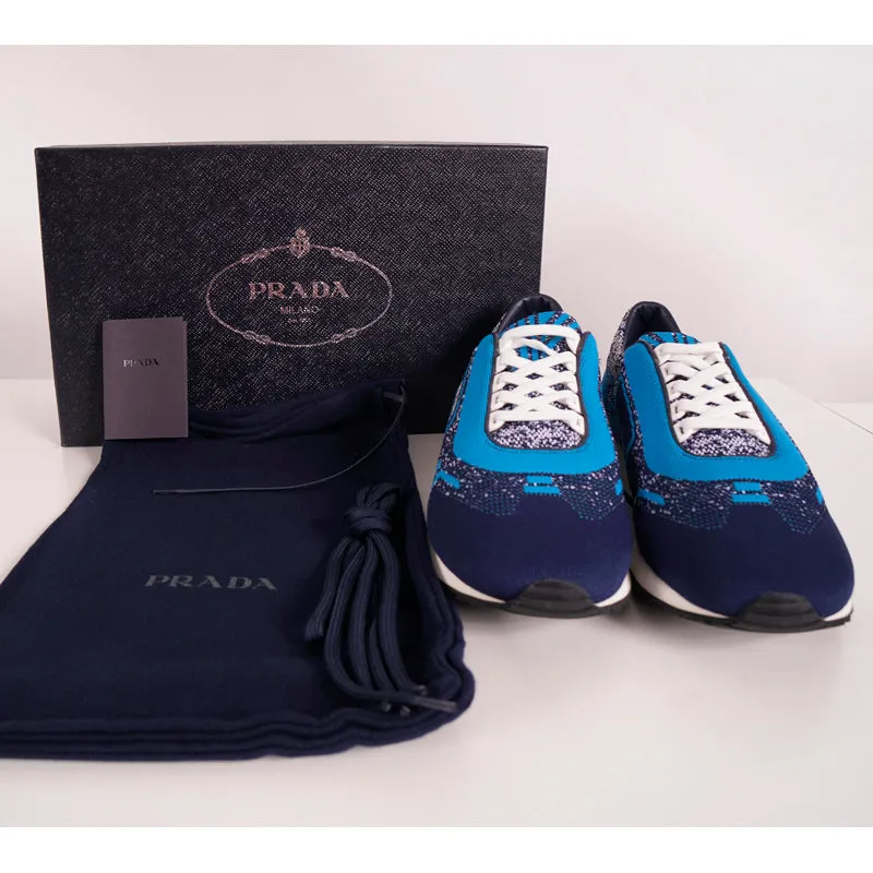 US 8 10 11 11.5 NEW $760 PRADA Blue Mln 70 KNIT LOGO TRAINERS SNEAKERS