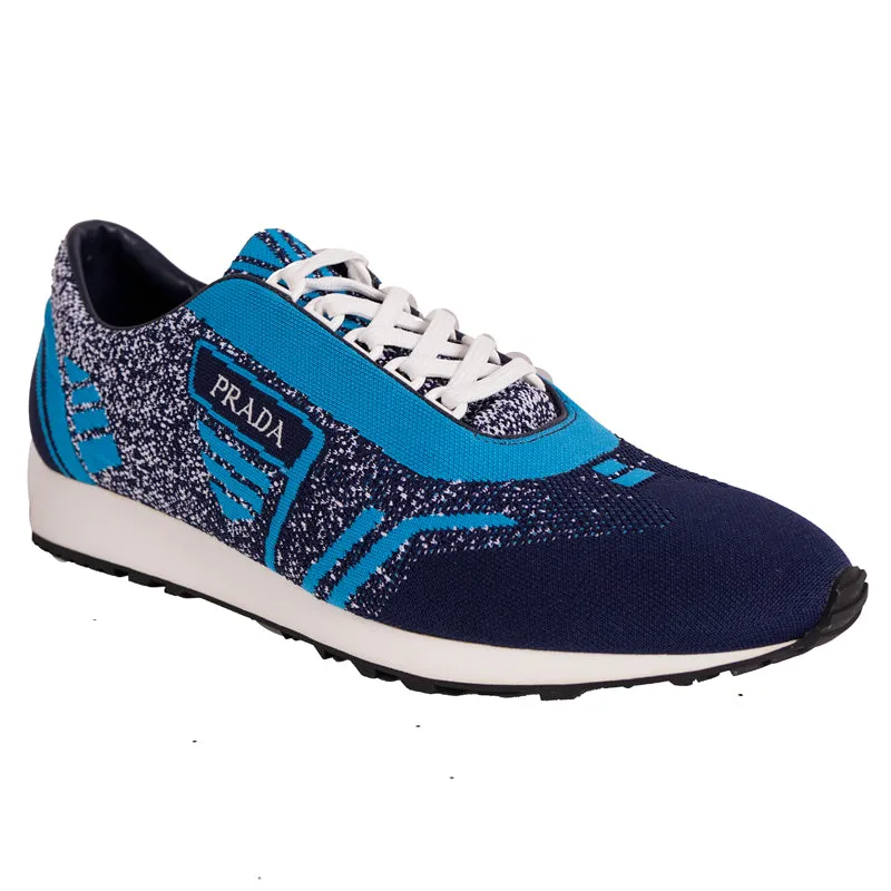US 8 10 11 11.5 NEW $760 PRADA Blue Mln 70 KNIT LOGO TRAINERS SNEAKERS