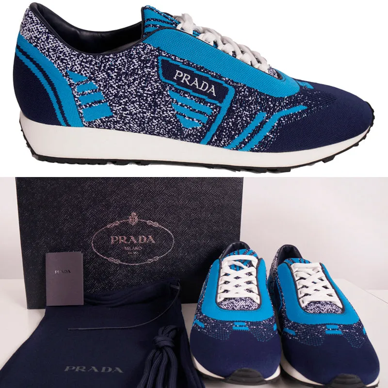 US 8 10 11 11.5 NEW $760 PRADA Blue Mln 70 KNIT LOGO TRAINERS SNEAKERS