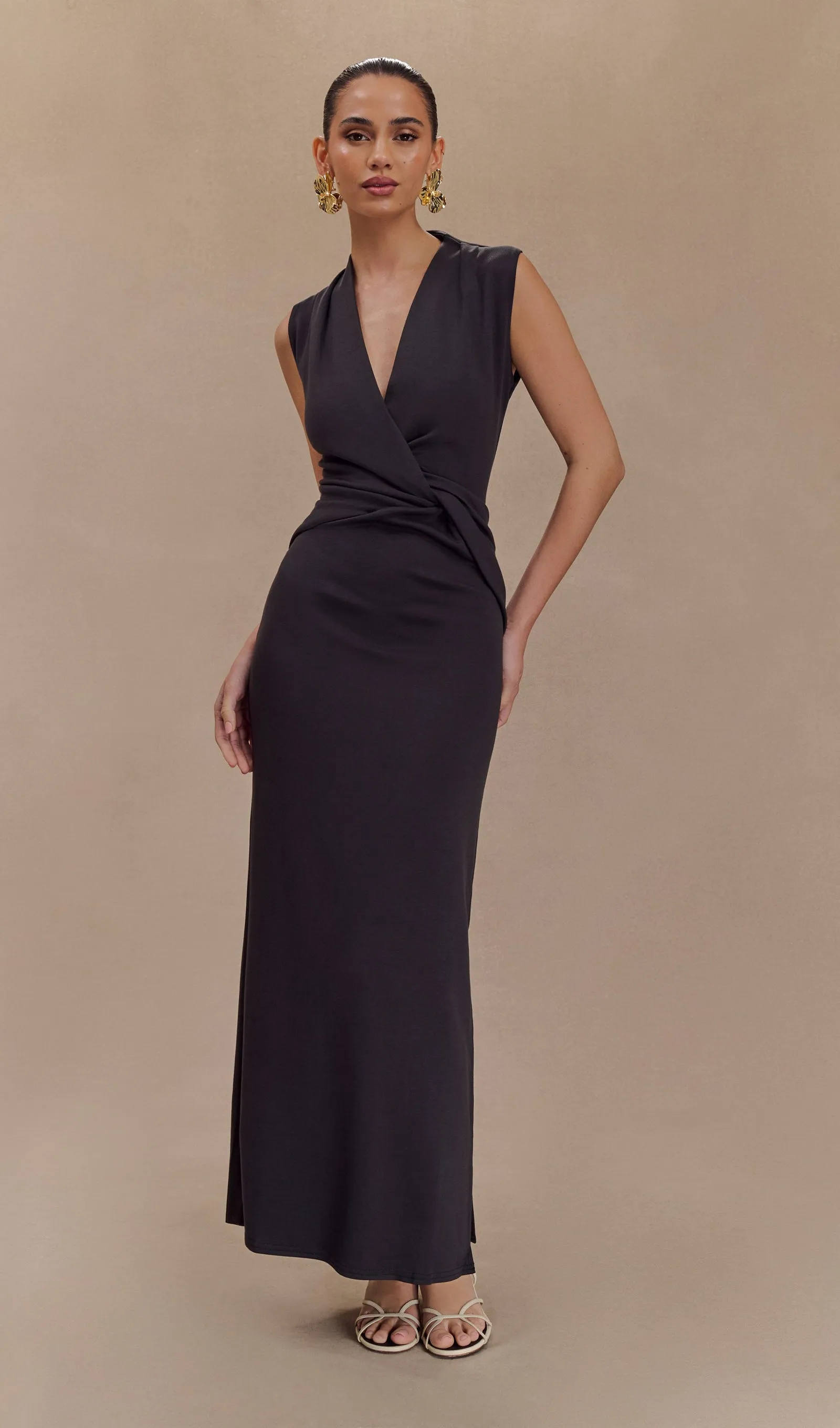 V Neck Crepe Twist Maxi Dress