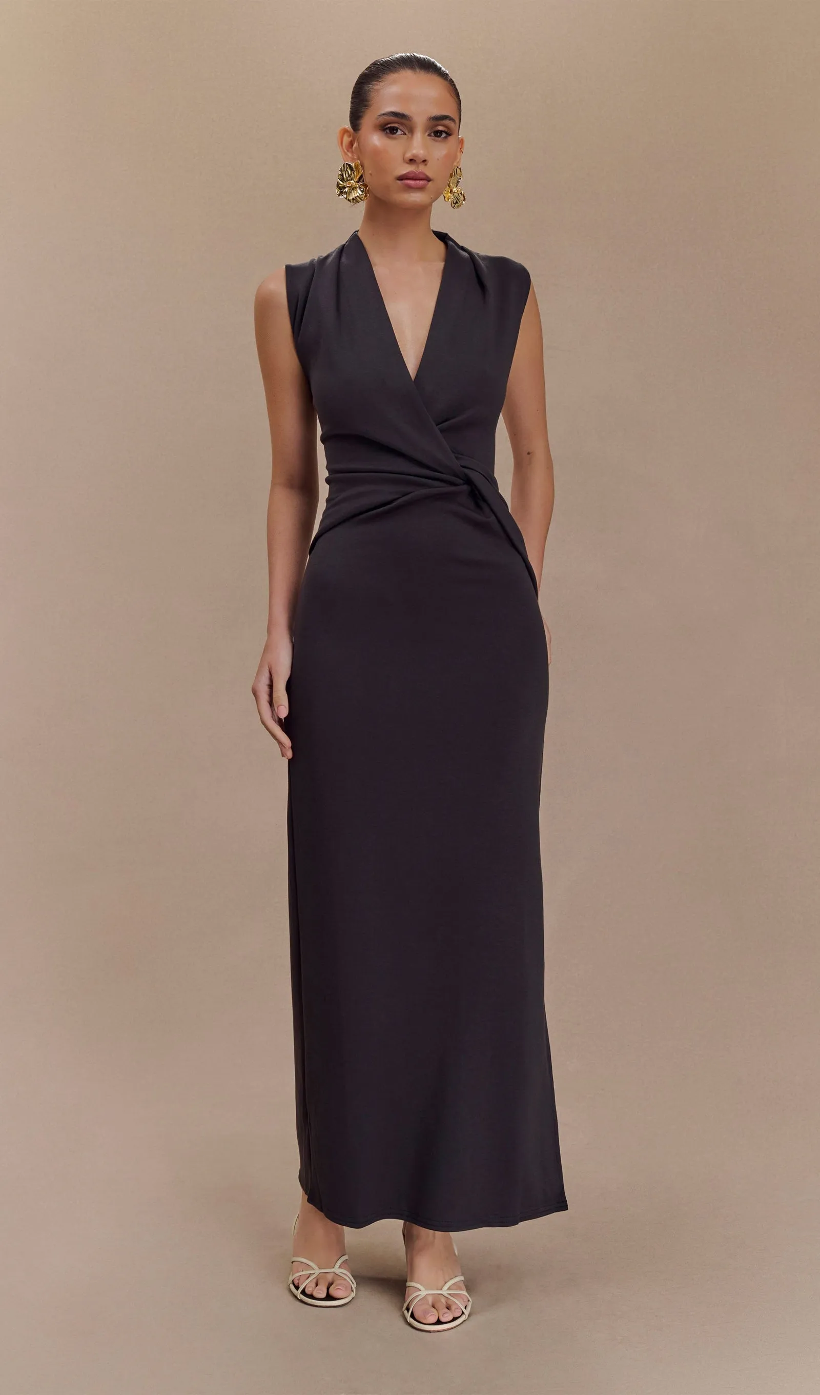 V Neck Crepe Twist Maxi Dress