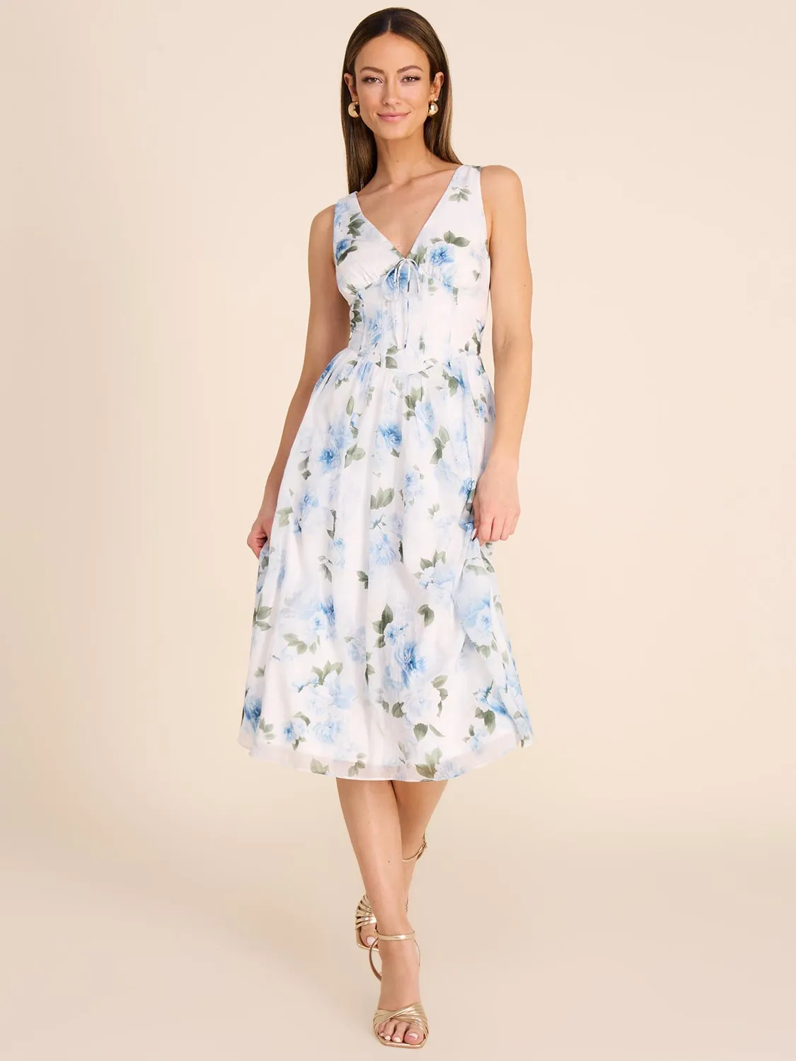 V-Neck Floral Fit & Flare Midi Dress
