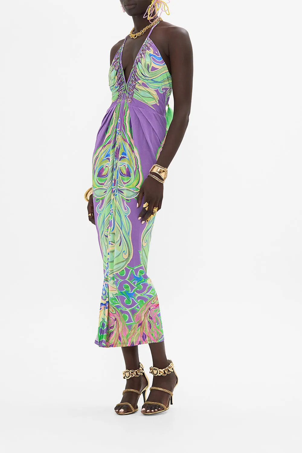 V NECK GATHERED JERSEY DRESS AMSTERDAM JEWEL