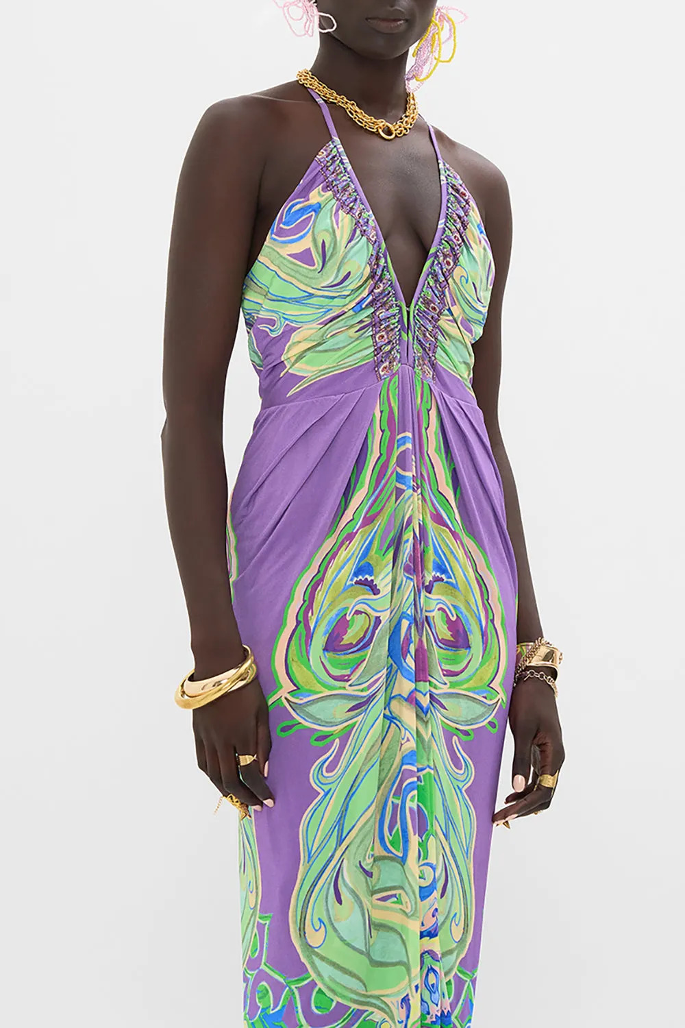 V NECK GATHERED JERSEY DRESS AMSTERDAM JEWEL
