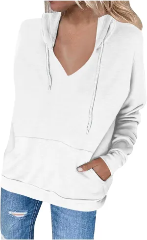 V Neck Hoodie for Women Loose Fit Lounge Long Sleeve Fleece Sweatshirt Pocket Drawstring Slouchy 2024 Fall Pullover