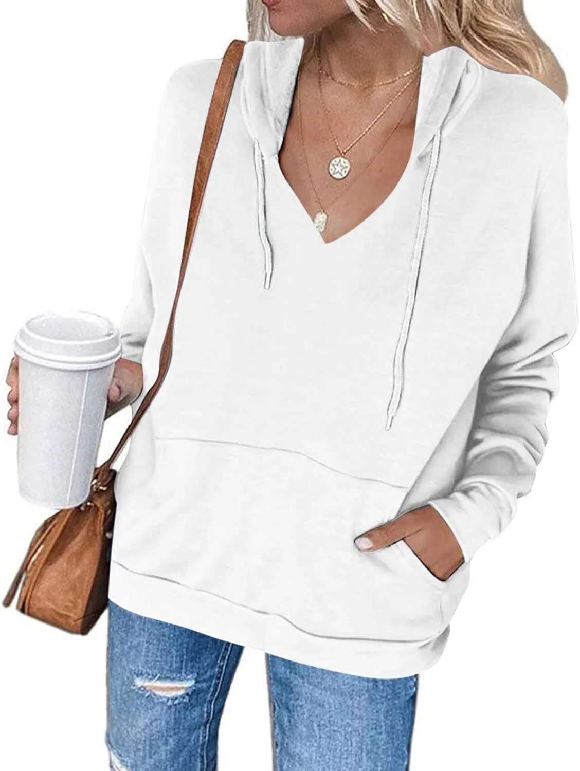 V Neck Hoodie for Women Loose Fit Lounge Long Sleeve Fleece Sweatshirt Pocket Drawstring Slouchy 2024 Fall Pullover