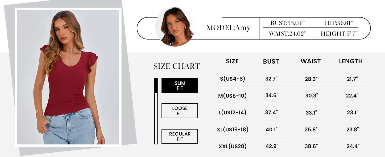 V Neck Ruffle Sleeveless Slim Fit Casual T-shirts