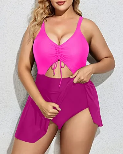 V Neck Tie Front Plus Size One Piece Swimwear Swimsuit Dress-Phosphor And Dark Pink