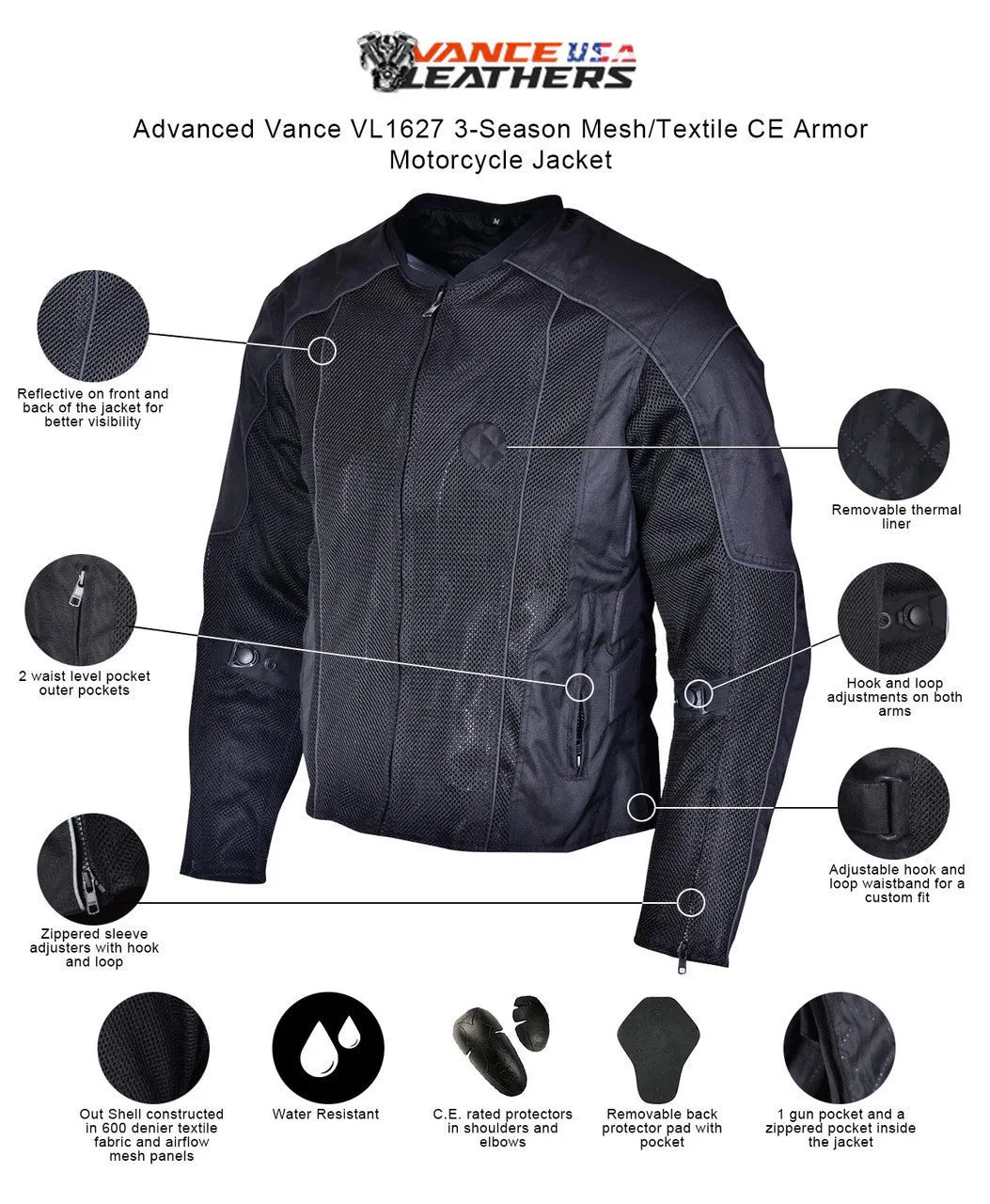 Vance Mens Red Advanced 3-Season Mesh/Textile CE Armor Motorcycle Jacket