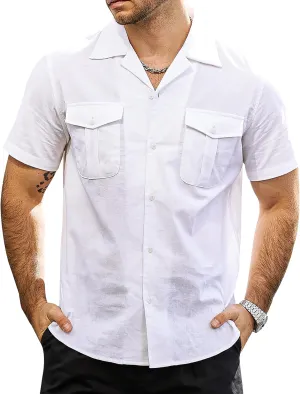 VATPAVE Mens Hawaiian Cotton Linen Shirts Short Sleeve Button Down Summer Shirts Cuban Beach Tops with Pockets