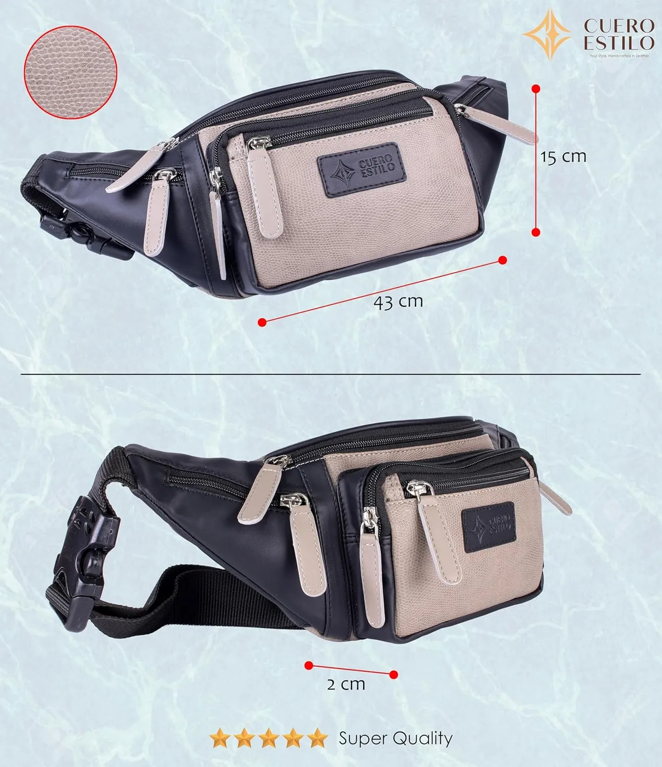 Vegan Leather Fanny Pack - Stylish & Water-Resistant Unisex Waist Bag with Multiple Zipper Compartments, Adjustable Strap for Travel & Everyday Use.