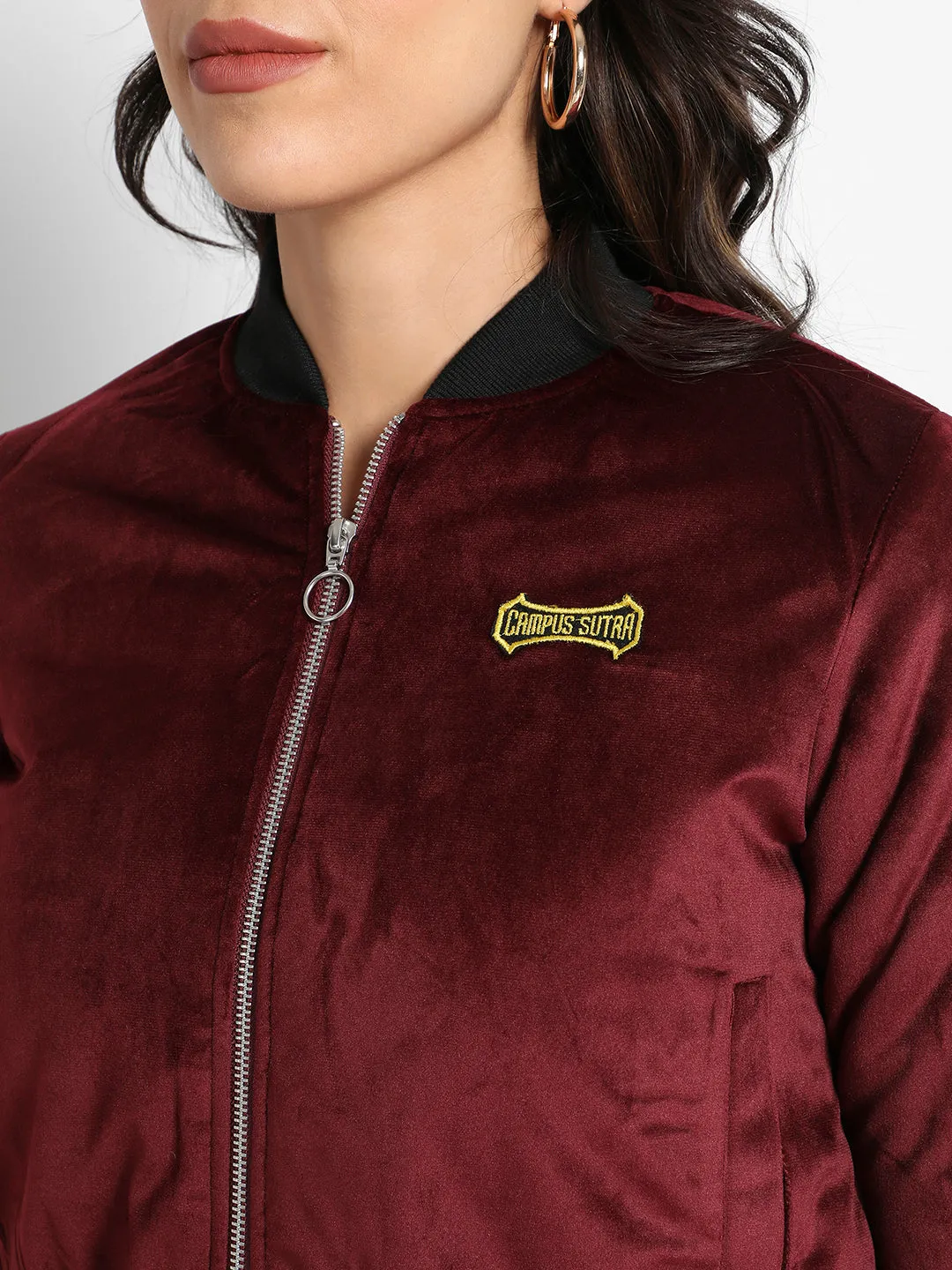 Velvet Bomber Jacket With Ribbed Hem