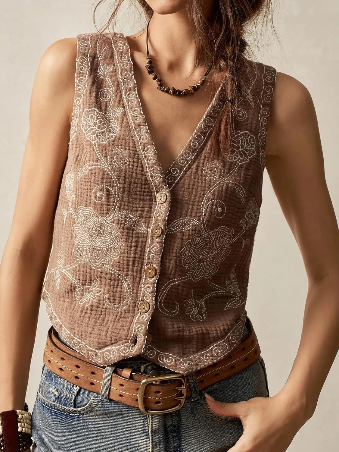 Verdusa Women's Boho Western Floral Embroidery Tank Tops Button Front V Neck Vest Tops
