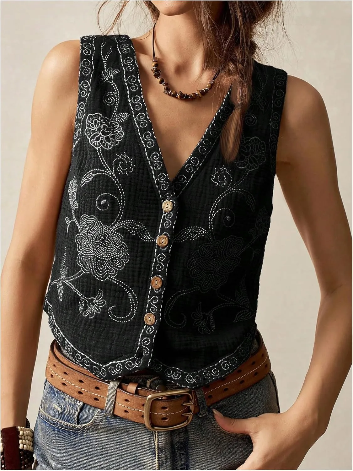 Verdusa Women's Boho Western Floral Embroidery Tank Tops Button Front V Neck Vest Tops