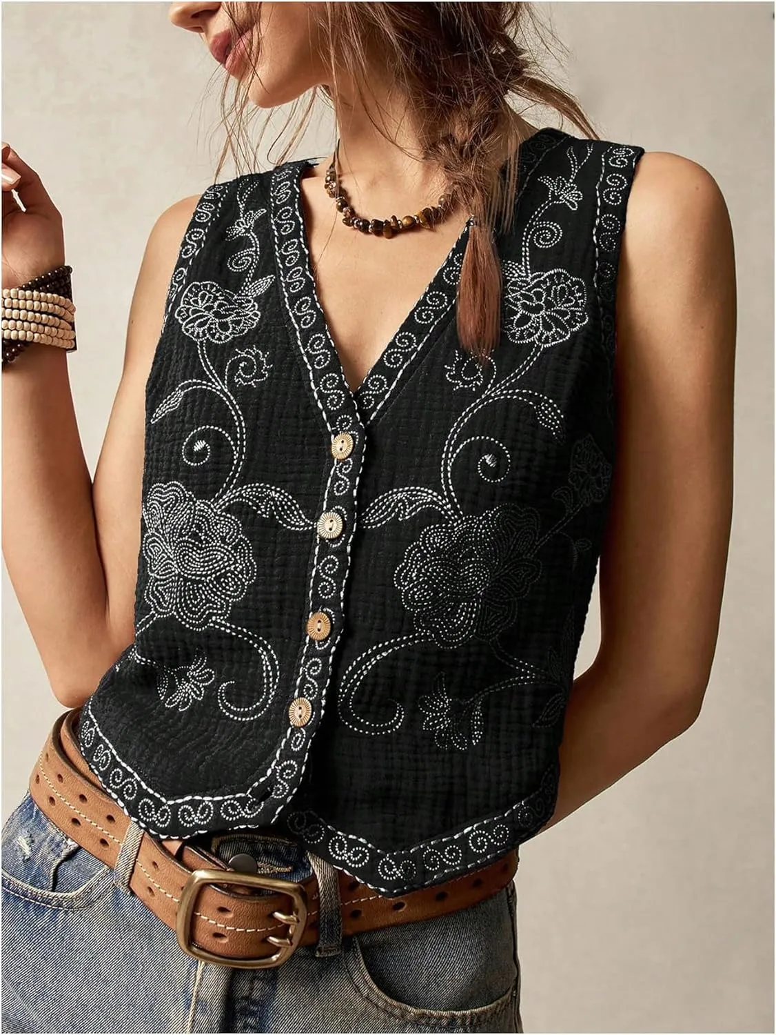 Verdusa Women's Boho Western Floral Embroidery Tank Tops Button Front V Neck Vest Tops