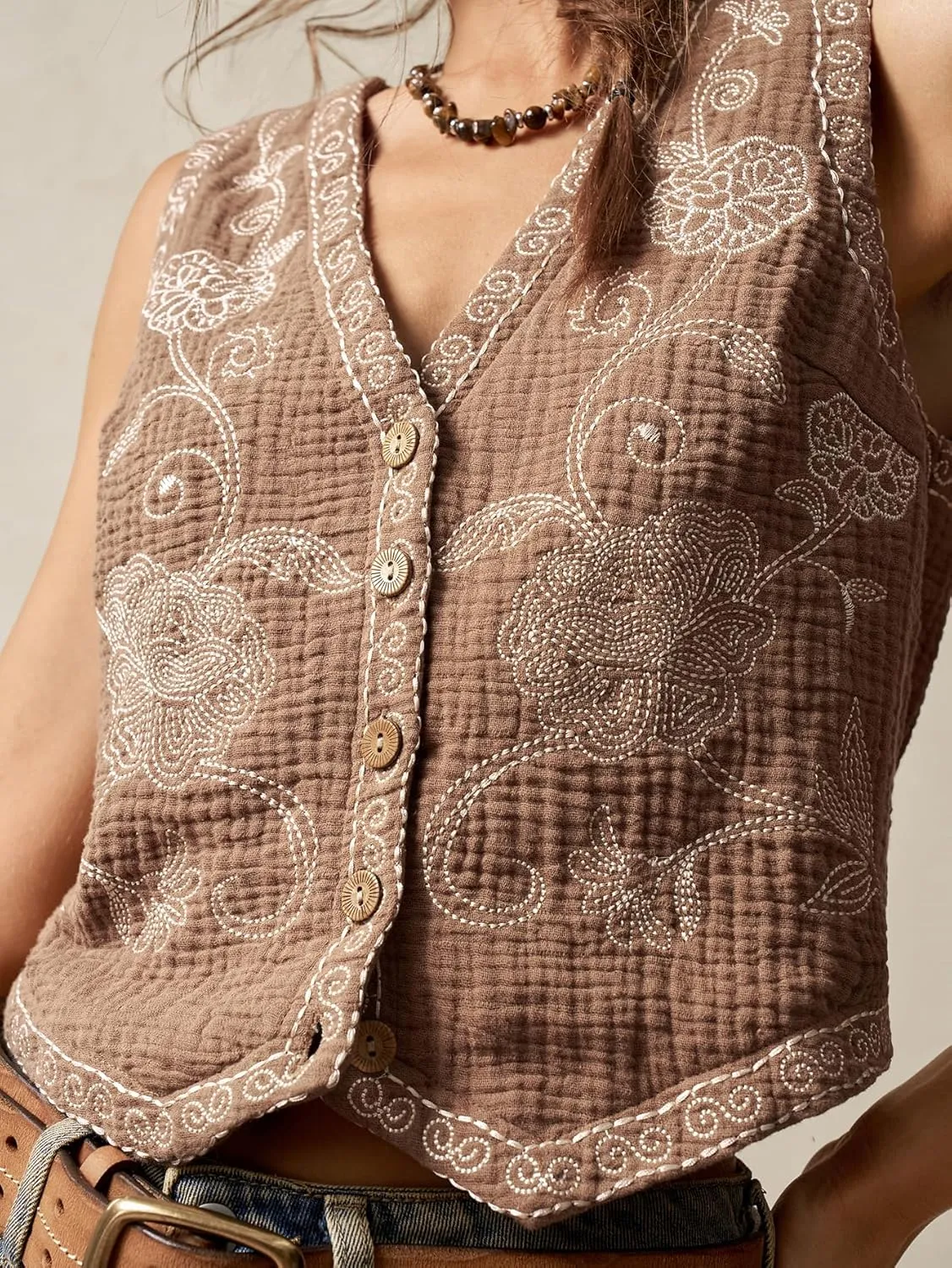 Verdusa Women's Boho Western Floral Embroidery Tank Tops Button Front V Neck Vest Tops