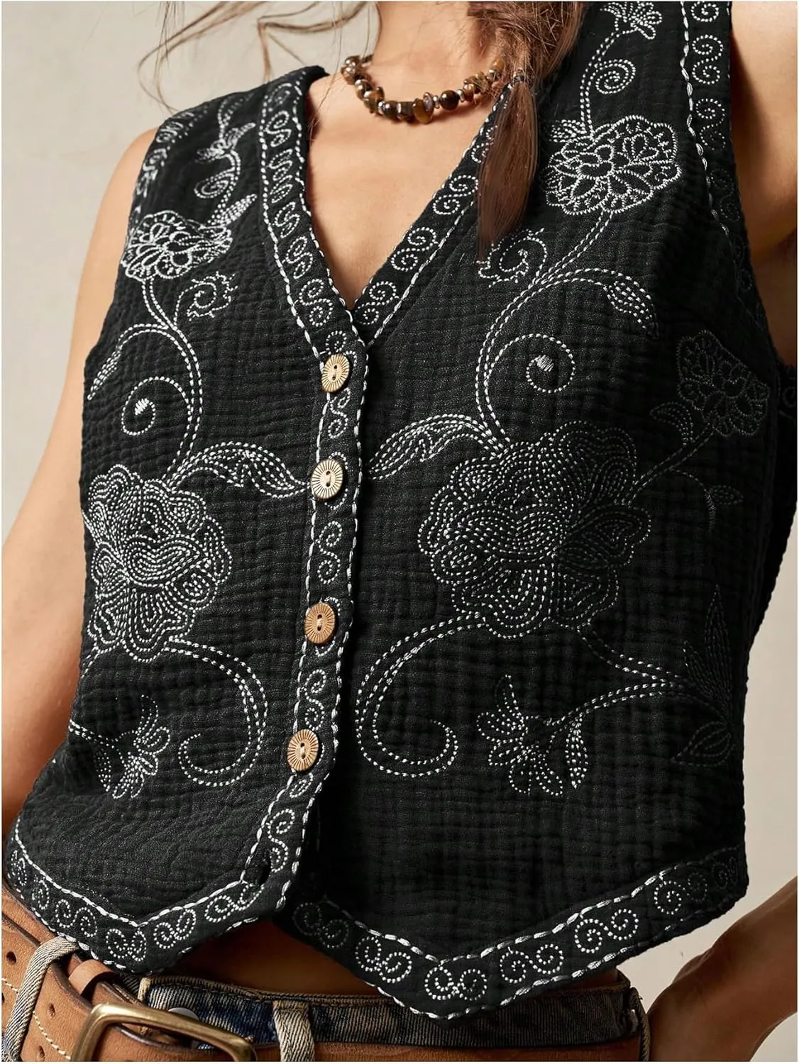 Verdusa Women's Boho Western Floral Embroidery Tank Tops Button Front V Neck Vest Tops