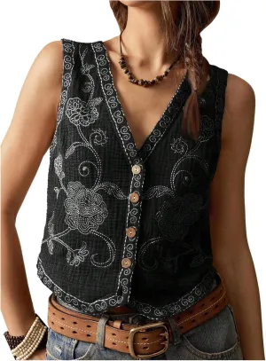 Verdusa Women's Boho Western Floral Embroidery Tank Tops Button Front V Neck Vest Tops