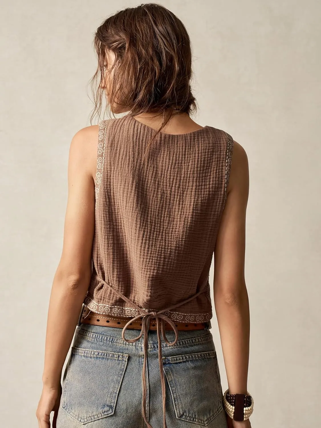 Verdusa Women's Boho Western Floral Embroidery Tank Tops Button Front V Neck Vest Tops