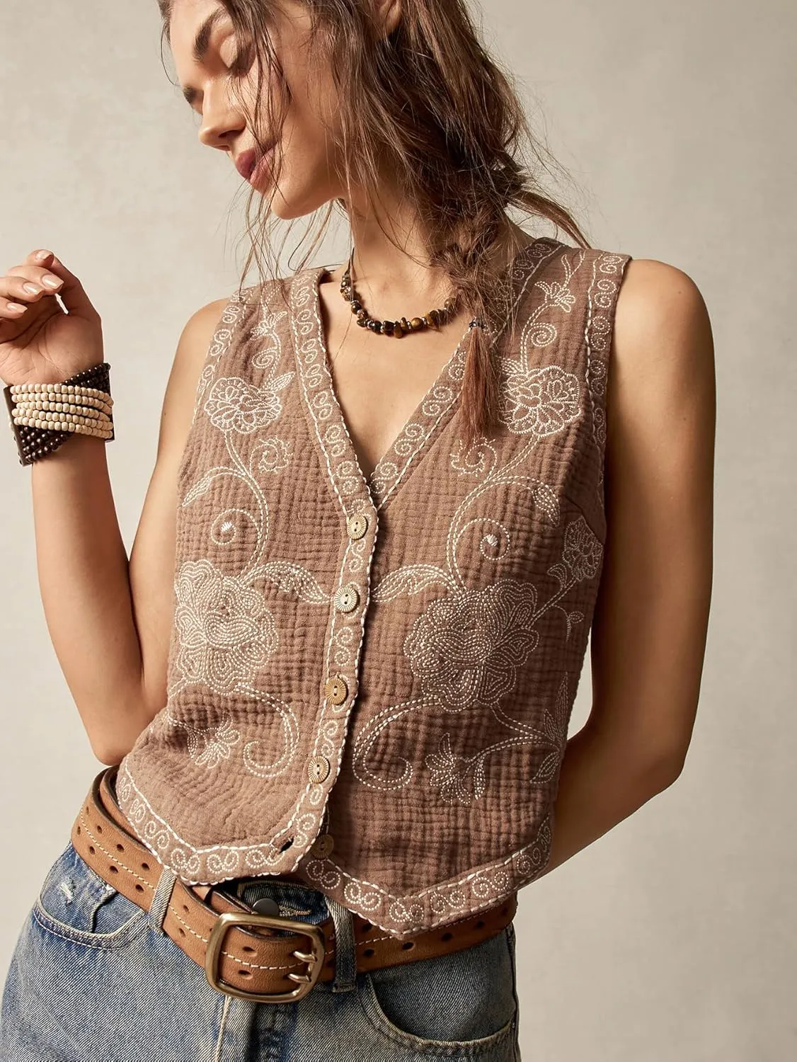 Verdusa Women's Boho Western Floral Embroidery Tank Tops Button Front V Neck Vest Tops