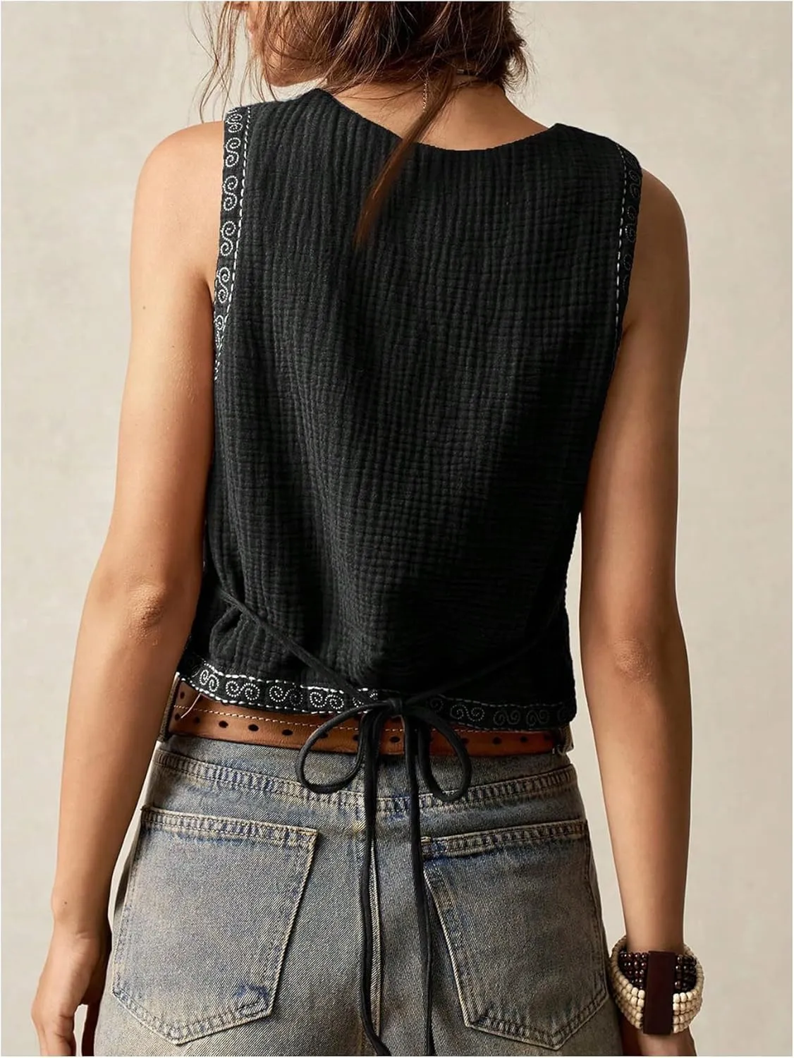Verdusa Women's Boho Western Floral Embroidery Tank Tops Button Front V Neck Vest Tops