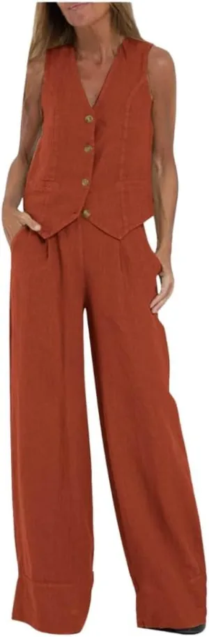 Vest Pant Suits for Women Cotton Linen Dressy Casual 2 Piece Sets Sleeveless 2024 Blazer Vest High Rise Wide Leg Pants Set
