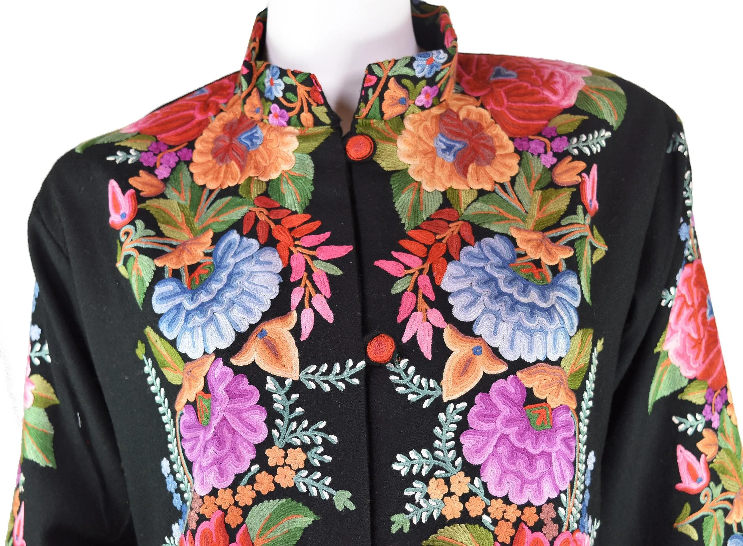 Vesta Floral Cashmere Jacket Dinner Black Evening Dress Coat Hand Embroidered Kashmir