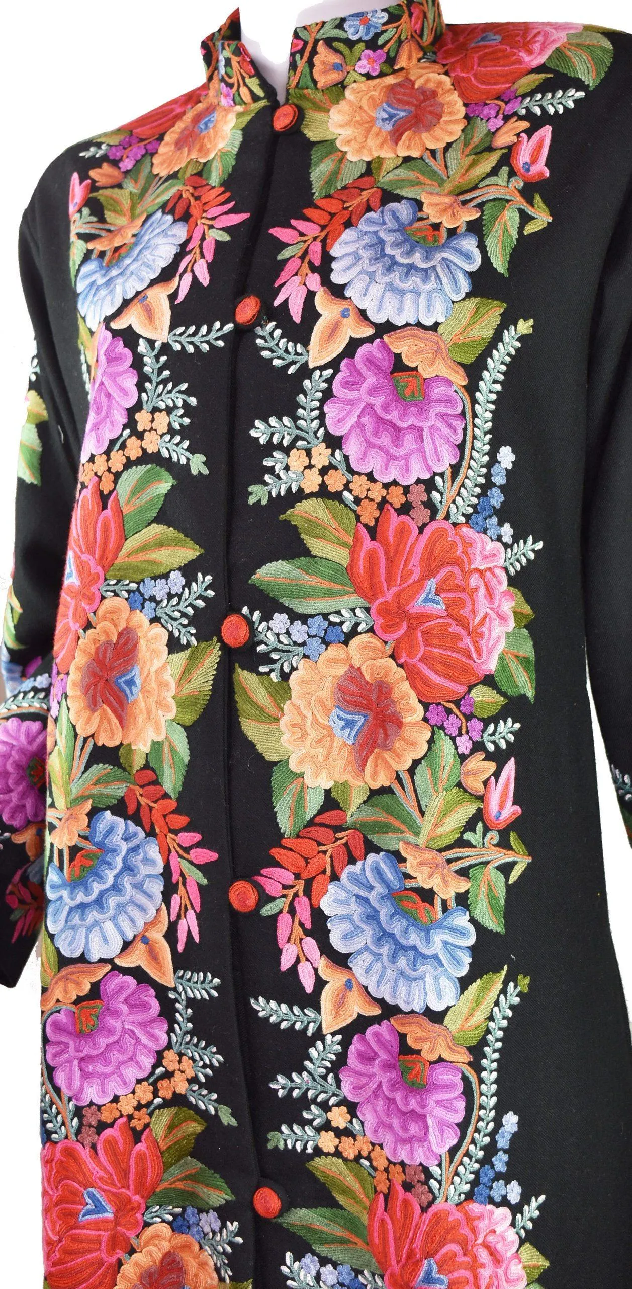 Vesta Floral Cashmere Jacket Dinner Black Evening Dress Coat Hand Embroidered Kashmir