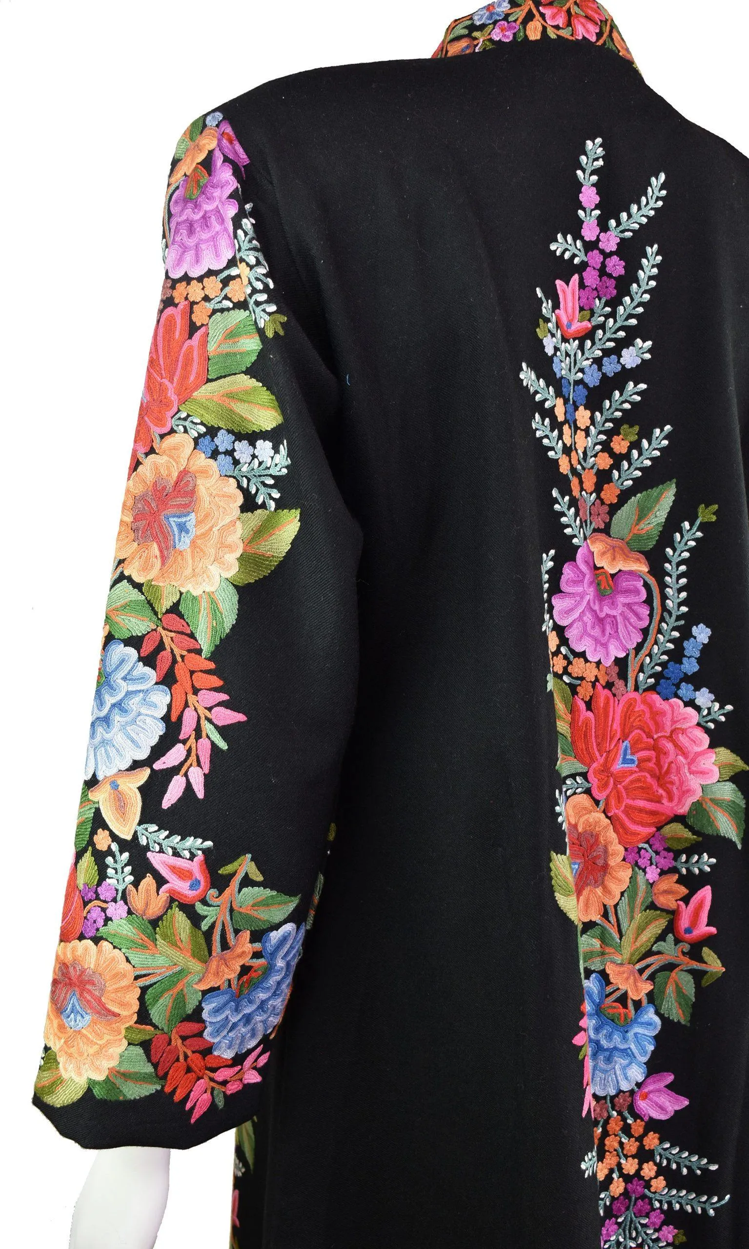 Vesta Floral Cashmere Jacket Dinner Black Evening Dress Coat Hand Embroidered Kashmir