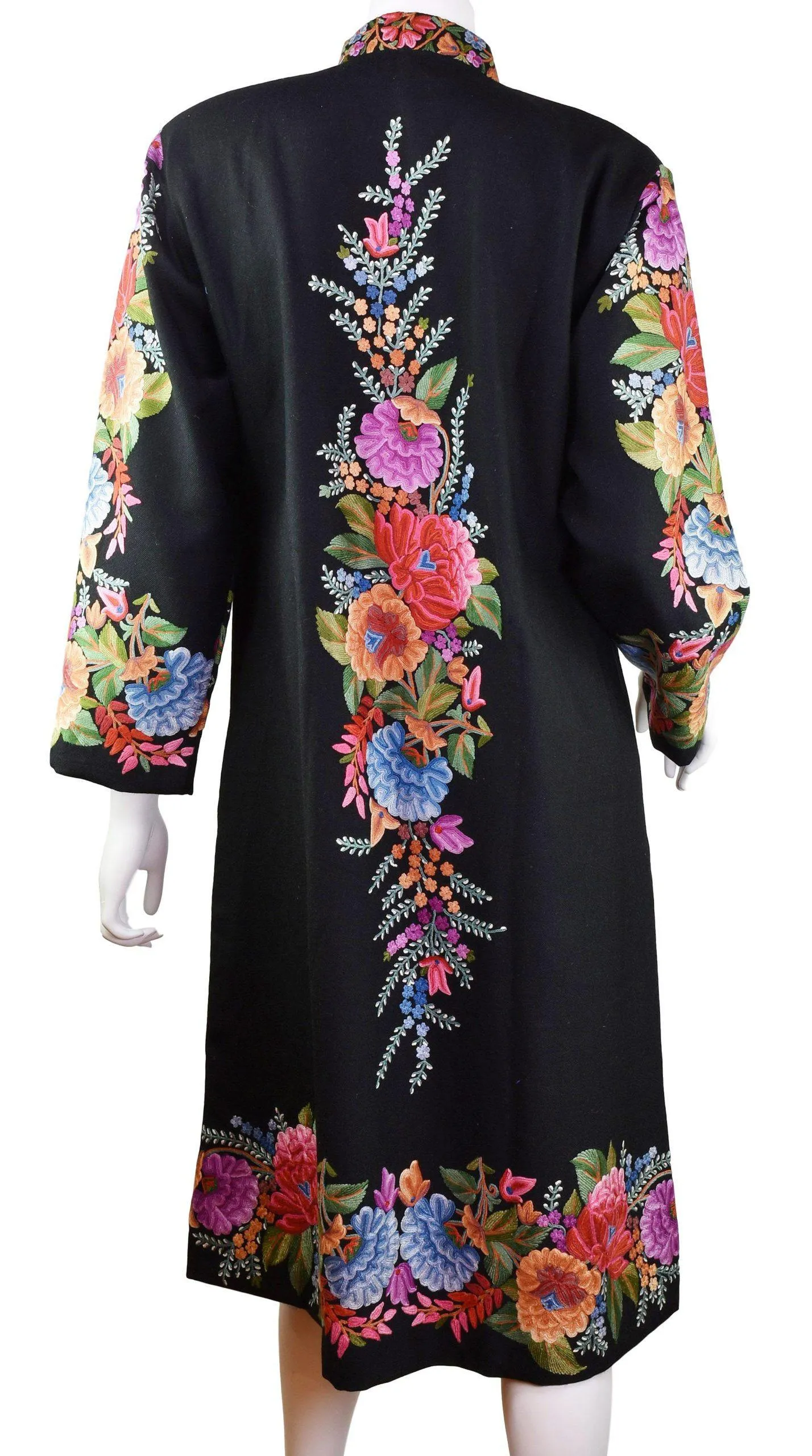 Vesta Floral Cashmere Jacket Dinner Black Evening Dress Coat Hand Embroidered Kashmir