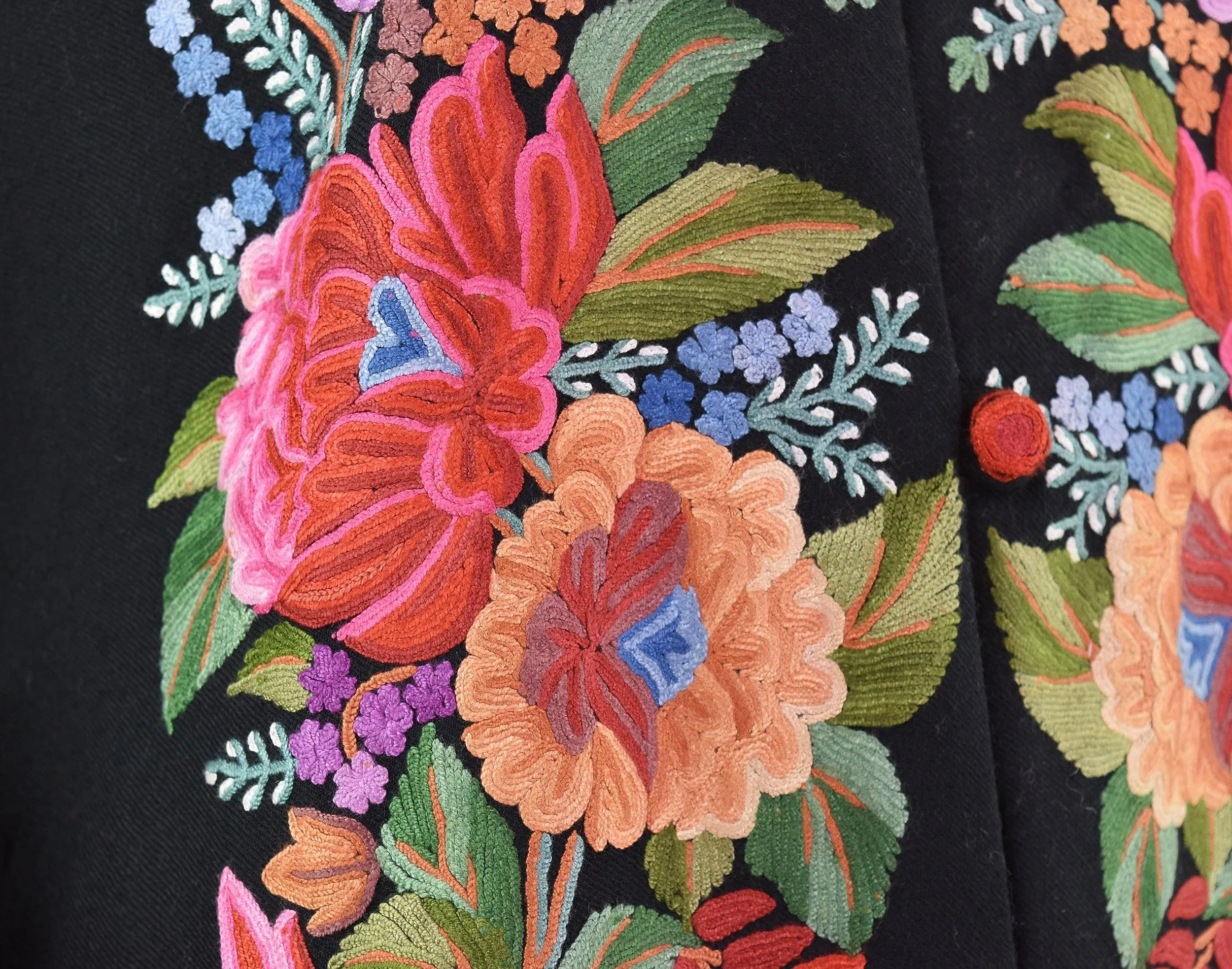 Vesta Floral Cashmere Jacket Dinner Black Evening Dress Coat Hand Embroidered Kashmir