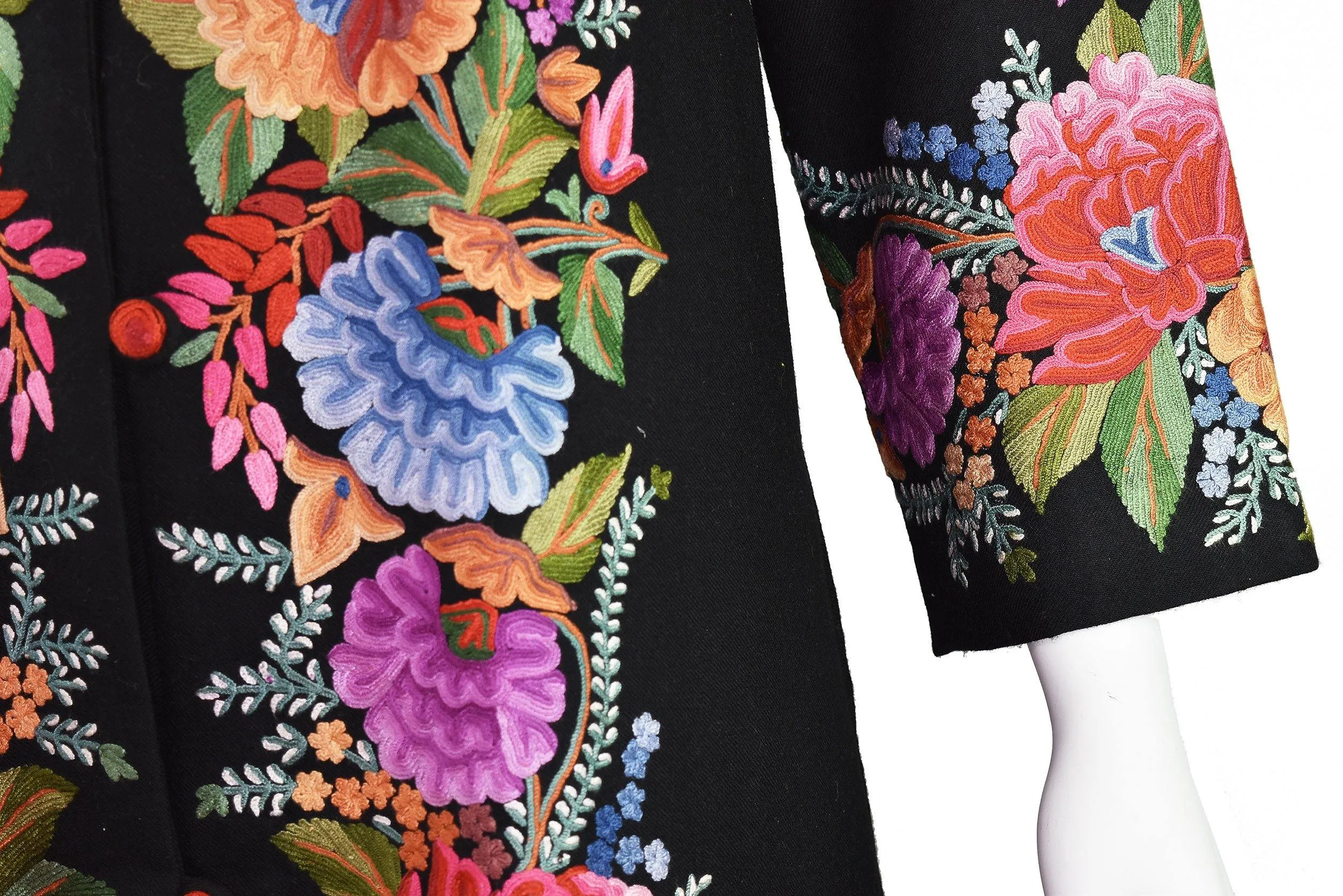 Vesta Floral Cashmere Jacket Dinner Black Evening Dress Coat Hand Embroidered Kashmir