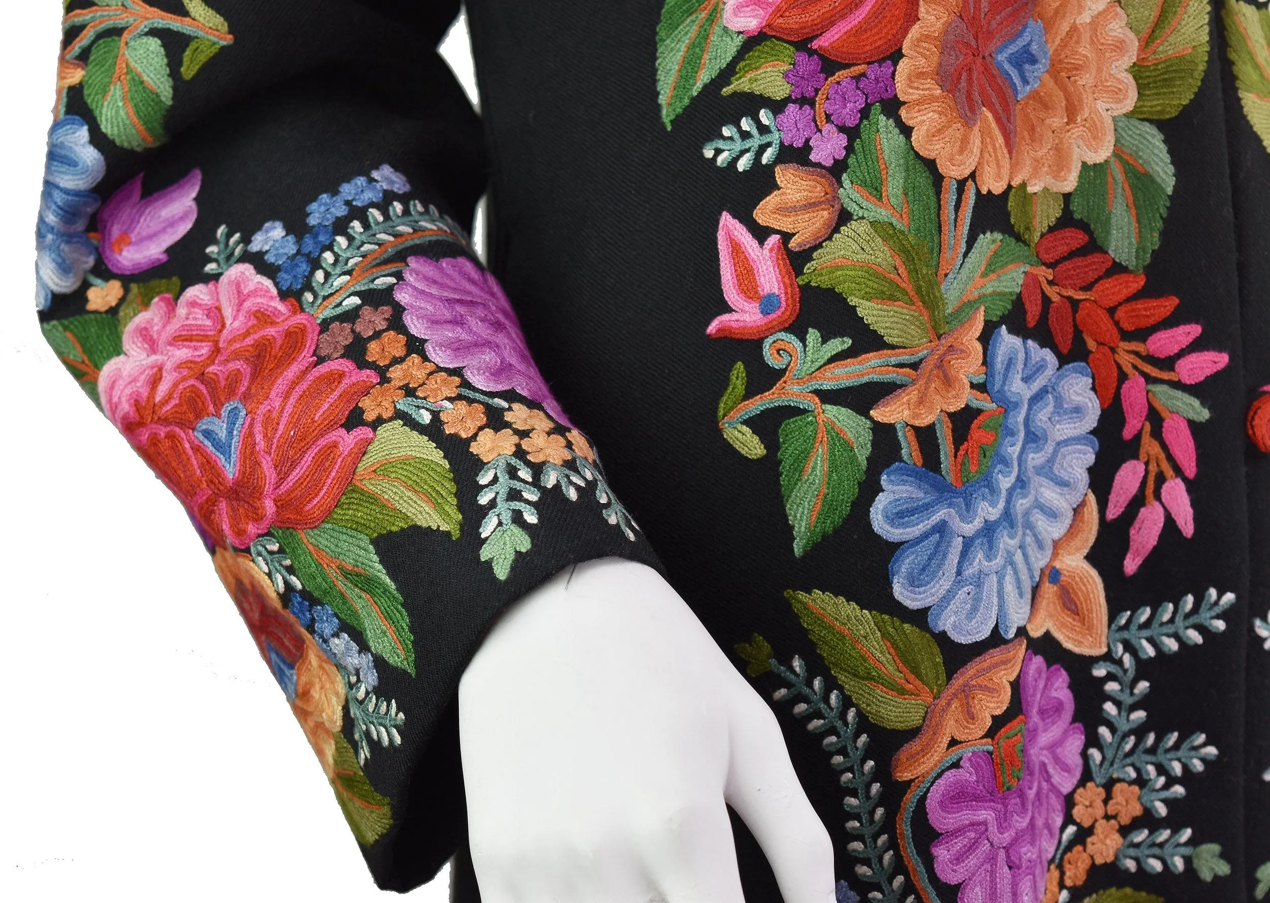 Vesta Floral Cashmere Jacket Dinner Black Evening Dress Coat Hand Embroidered Kashmir