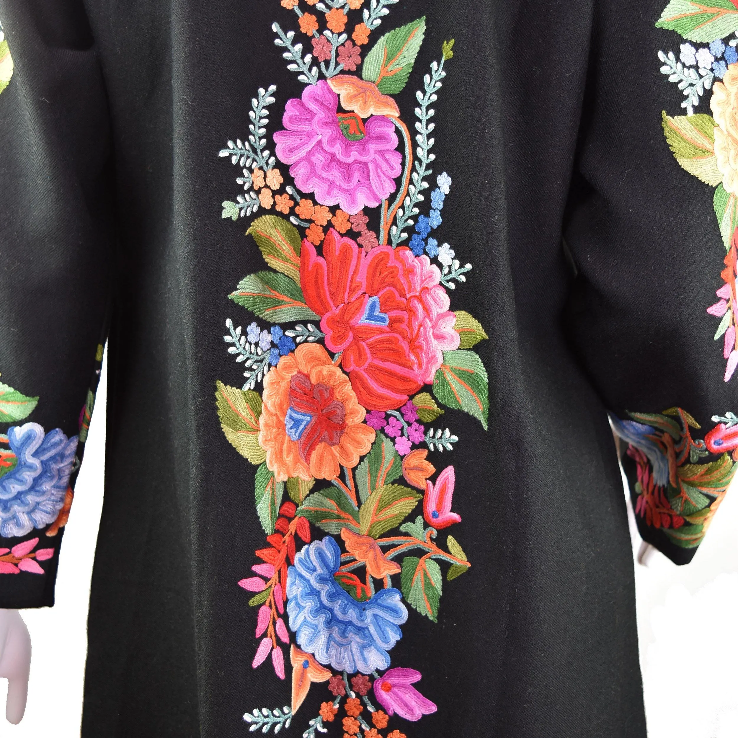 Vesta Floral Cashmere Jacket Dinner Black Evening Dress Coat Hand Embroidered Kashmir