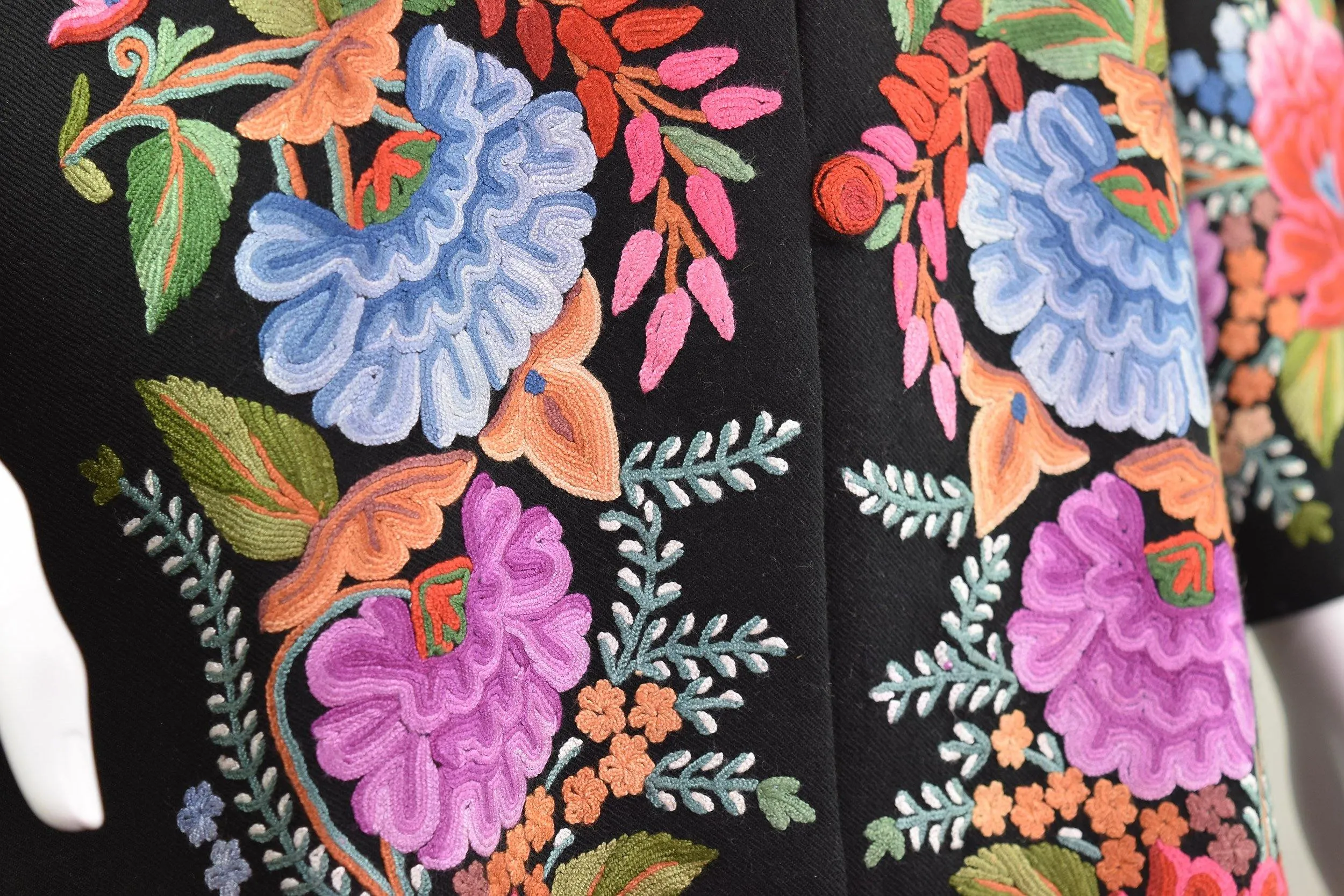 Vesta Floral Cashmere Jacket Dinner Black Evening Dress Coat Hand Embroidered Kashmir