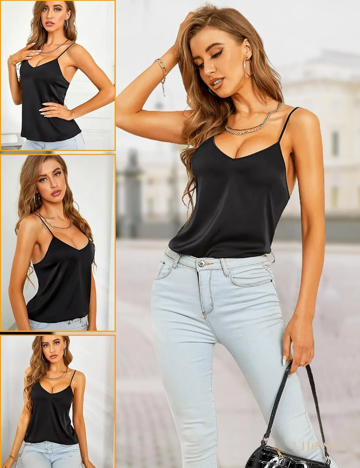 VIDUSSA Sexy Tank Tops Womens Satin Cami Top Pack V Neck Camisole Spaghetti Strap Tank Loose Sleeveless Blouses