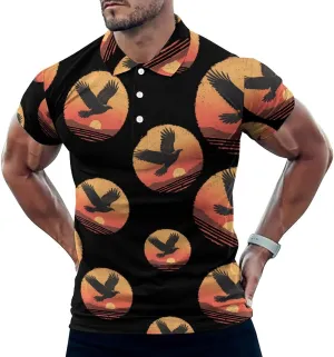 Vintage Eagle Sunset Polo Button Down Shirts for Men Short Sleeve Muscle Golf T Shirt