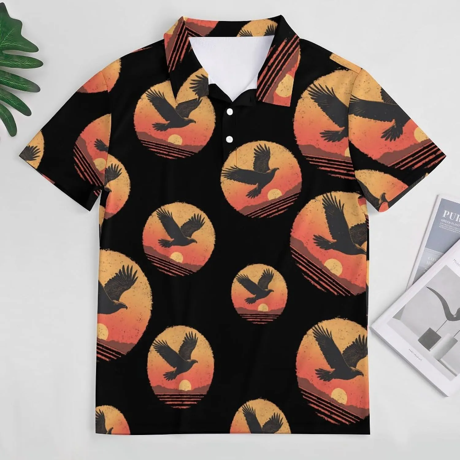 Vintage Eagle Sunset Polo Button Down Shirts for Men Short Sleeve Muscle Golf T Shirt
