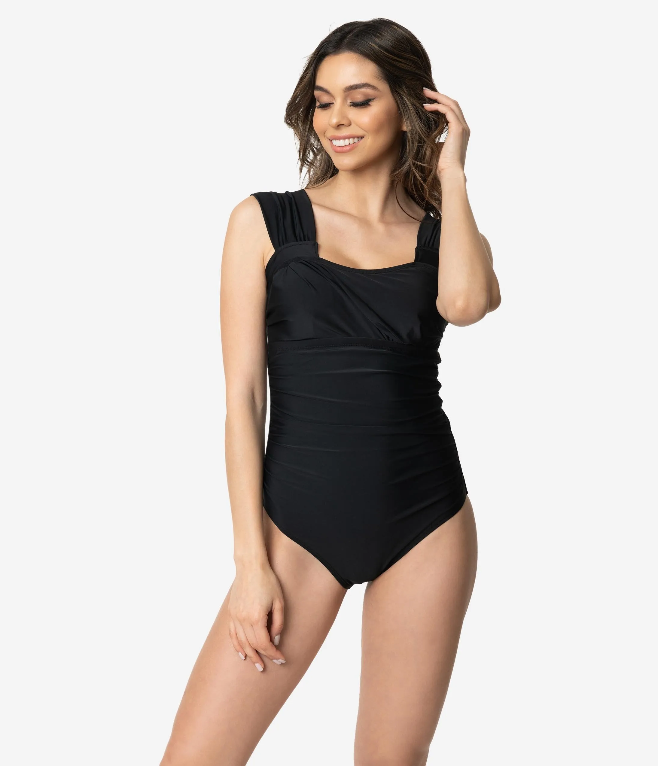 Vintage Style Black Wide Ruched Shoulders One Piece Swimsuit