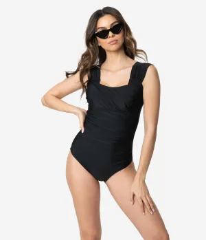 Vintage Style Black Wide Ruched Shoulders One Piece Swimsuit