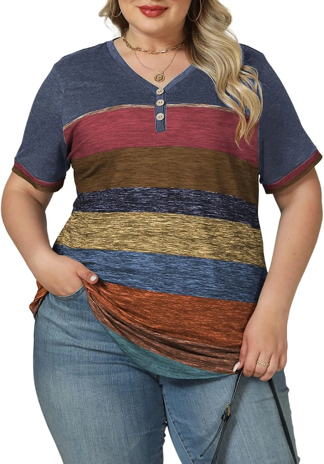 VISLILY Womens-Plus-Size-Summer-Tops Dressy V Neck T Shirts Trendy Striped Color Block Short Sleeve Buttons Up Blouses Tunics