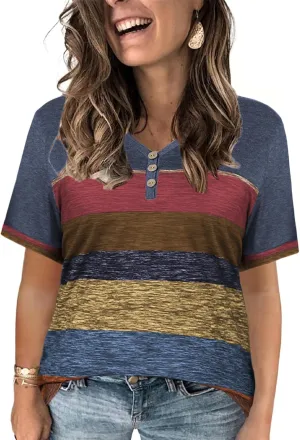 VISLILY Womens-Plus-Size-Summer-Tops Dressy V Neck T Shirts Trendy Striped Color Block Short Sleeve Buttons Up Blouses Tunics