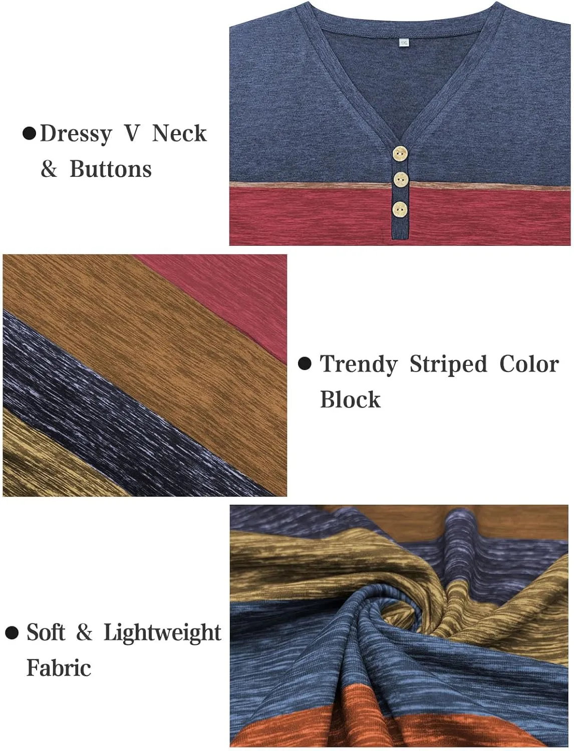 VISLILY Womens-Plus-Size-Summer-Tops Dressy V Neck T Shirts Trendy Striped Color Block Short Sleeve Buttons Up Blouses Tunics