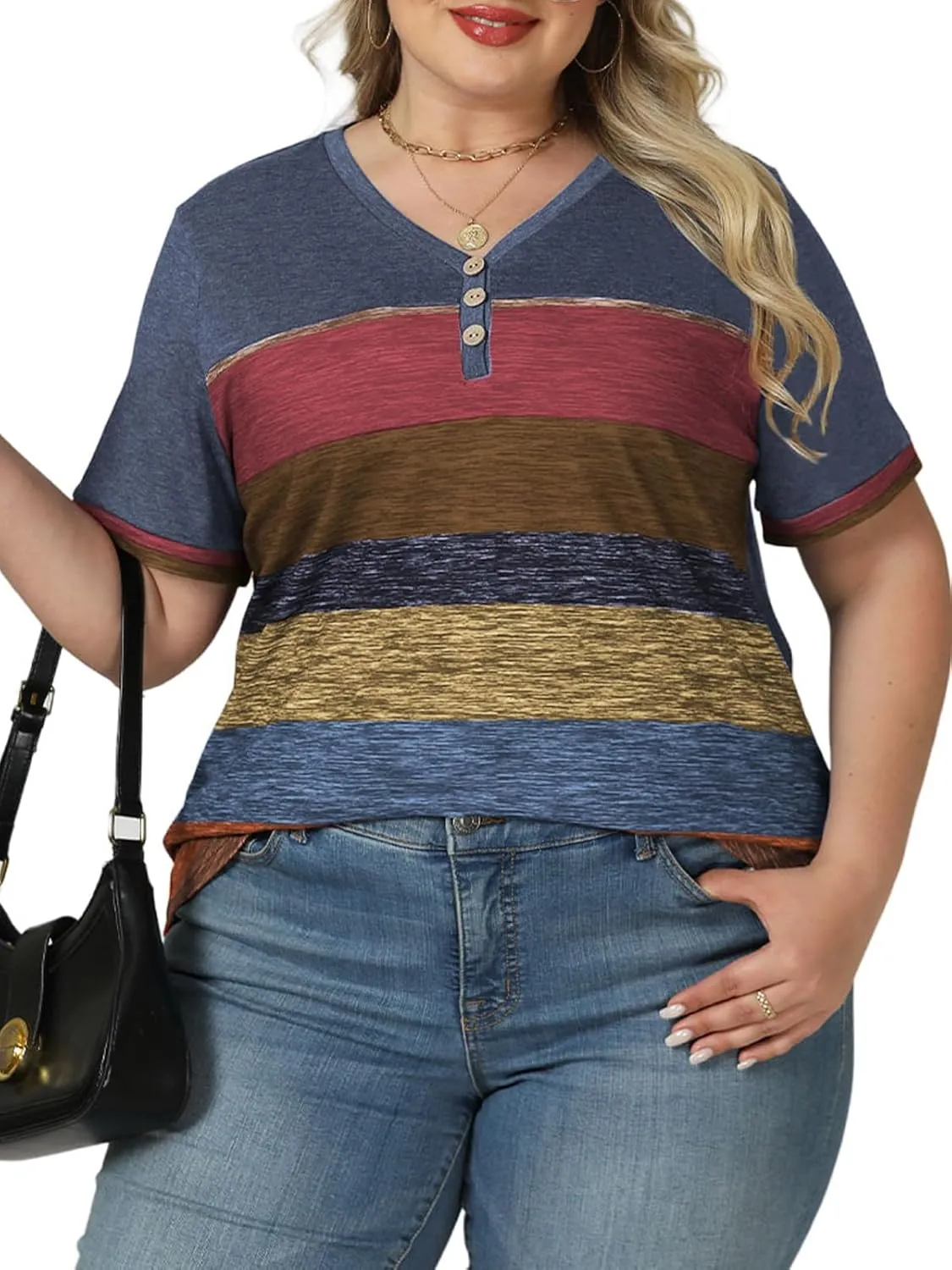 VISLILY Womens-Plus-Size-Summer-Tops Dressy V Neck T Shirts Trendy Striped Color Block Short Sleeve Buttons Up Blouses Tunics