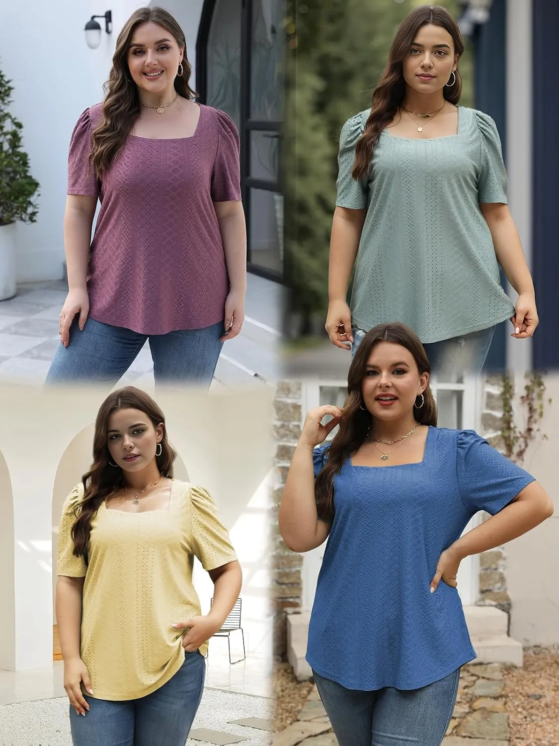 VISLILY Womens-Plus-Size-Summer-Tops Square Neck T Shirts Puff Short Sleeve Blouses Eyelet Tunics XL-5XL