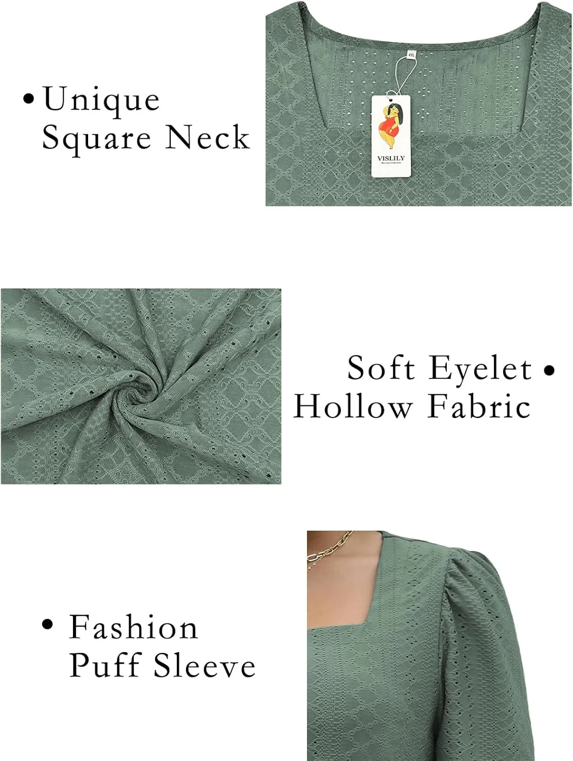 VISLILY Womens-Plus-Size-Summer-Tops Square Neck T Shirts Puff Short Sleeve Blouses Eyelet Tunics XL-5XL