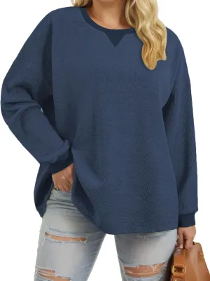 VISLILY Womens-Plus-Size-Sweatshirts Trendy Color Block Casual Long Sleeve Tops Waffle Knit Oversized Shirts Loose Fit Tunics