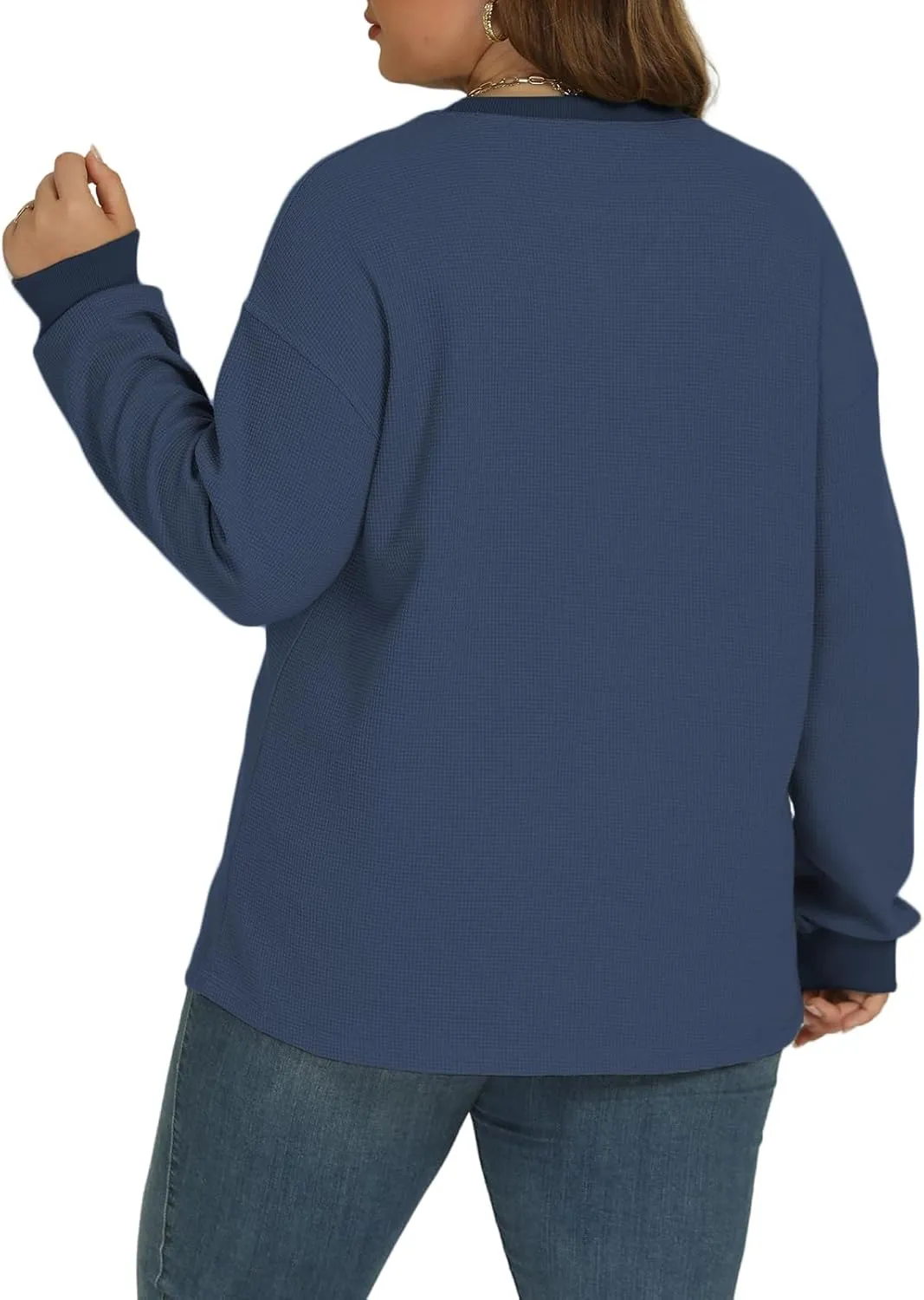 VISLILY Womens-Plus-Size-Sweatshirts Trendy Color Block Casual Long Sleeve Tops Waffle Knit Oversized Shirts Loose Fit Tunics