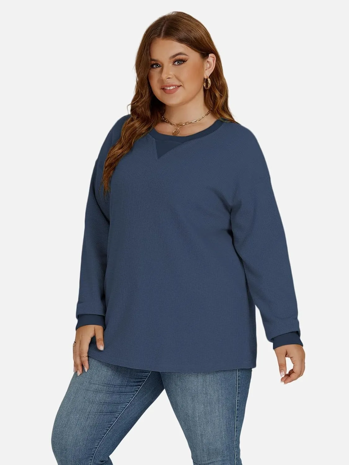 VISLILY Womens-Plus-Size-Sweatshirts Trendy Color Block Casual Long Sleeve Tops Waffle Knit Oversized Shirts Loose Fit Tunics